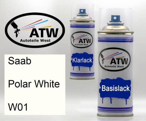 Saab, Polar White, W01: 400ml Sprühdose + 400ml Klarlack - Set, von ATW Autoteile West.